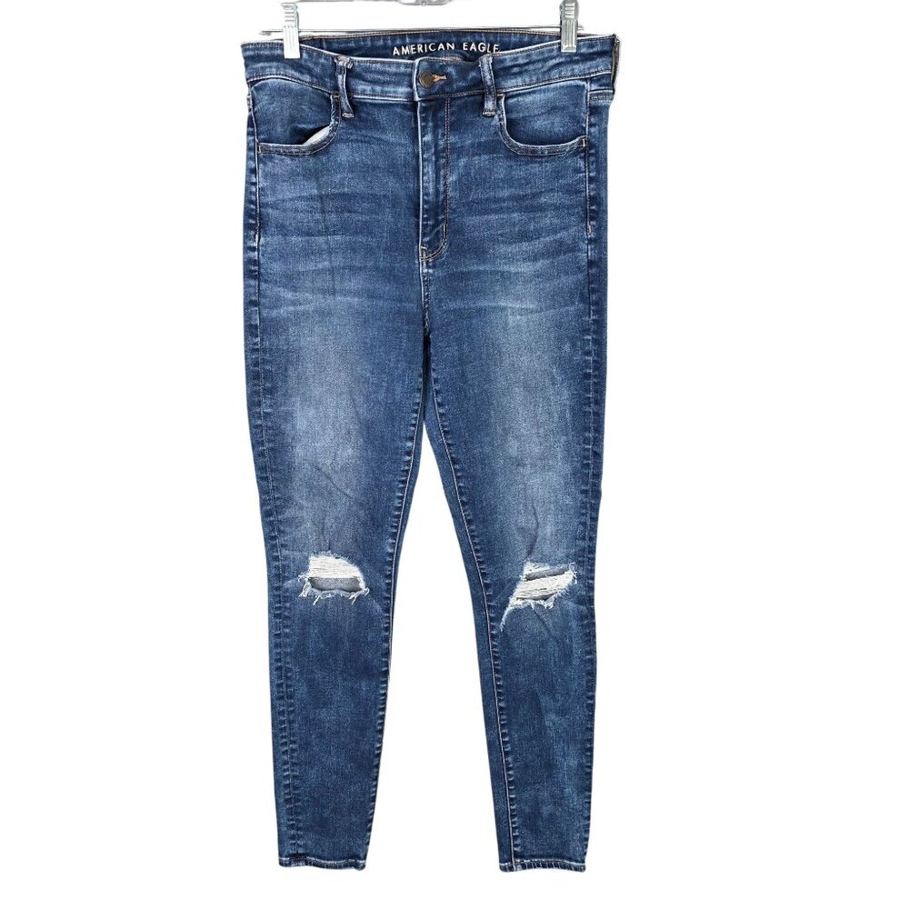 Womens American Eagle Super Hi-Rise Jegging Blue Denim Jeans Distressed 12 Long